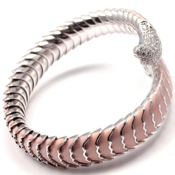 Authentic! ROBERTO COIN 18k White Gold Enamel Ruby Diamond Cobra Bangle Bracelet - Picture 3 of 8